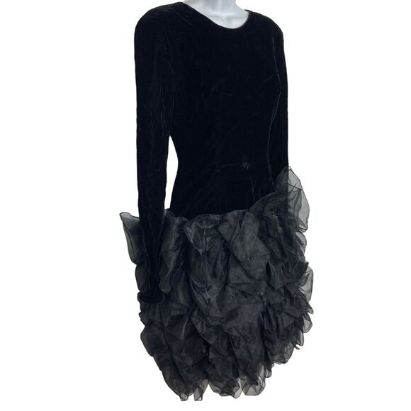 Vintage 80s Tadashi Black Velvet Dress 4 Organza Ruffle Bottom Long Sleeve - Picture 2 of 11